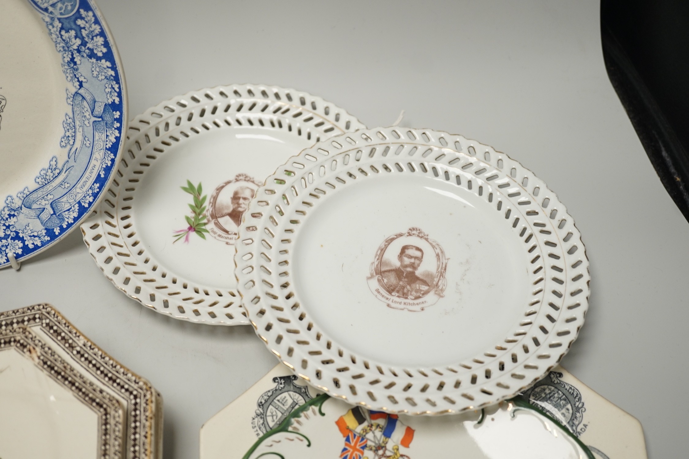 A collection of mostly late 19th and early 20th century commemorative plates, including eight octagonal plates by Wallis Gimson and Co., Balance of Payments etc.